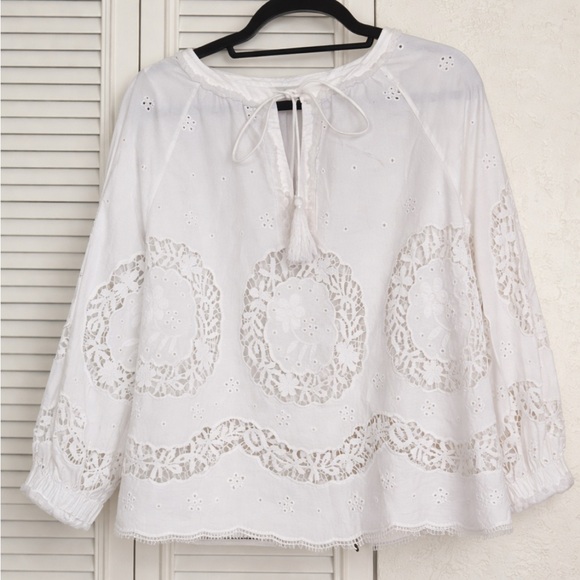 Sundance White Cotton Eyelet Lace Boho princess Blouse Tassel Tie Peasant  PS - Picture 2 of 13